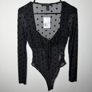 Forever 21 Bodysuit Black Sheer Polka Dot M – Long Sleeve NWT